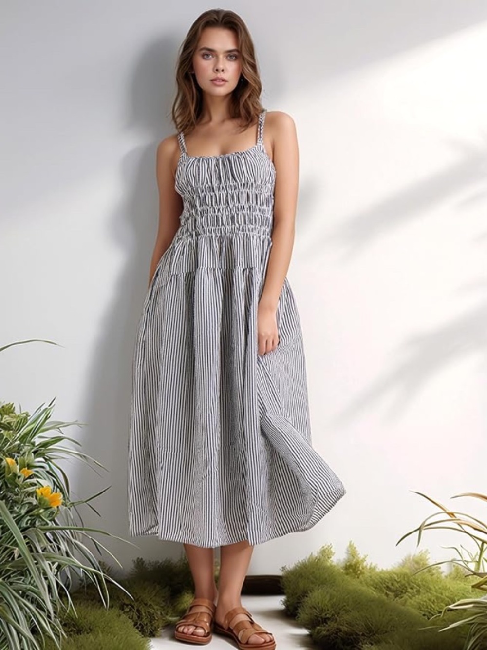 Classic Striped Smocked Midi Dress